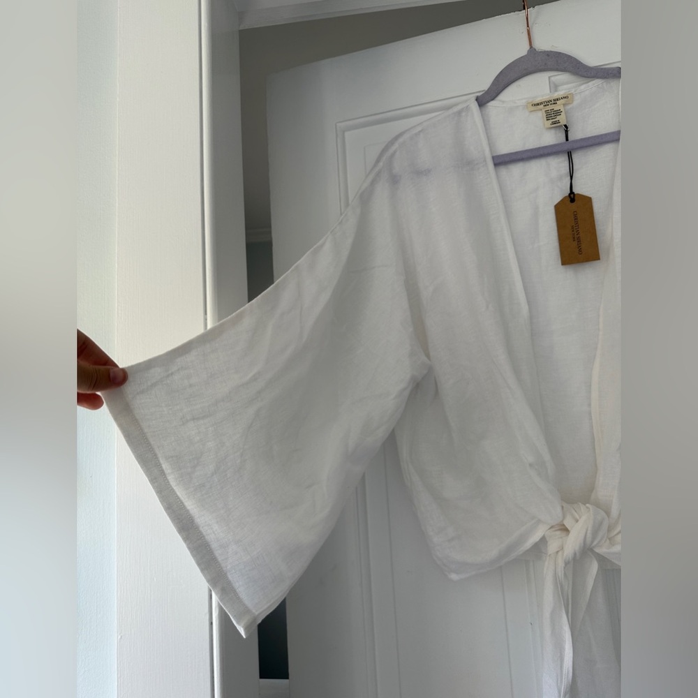 NWT Christian Siriano Tie Front White Linen Cover Up Shawl Shirt, One Size - Picture 2 of 7